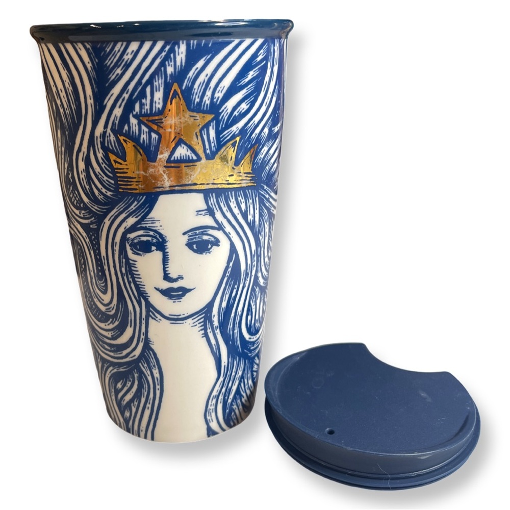Starbucks Mermaid 12 fl. oz Travel Mug w Lid Ceramic Blue Gold 2016 Sire…